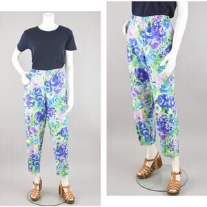 Vintage Easy Pants, Purple & Blue Floral, Women's Size 12 Petite, 28 - 30" Waist